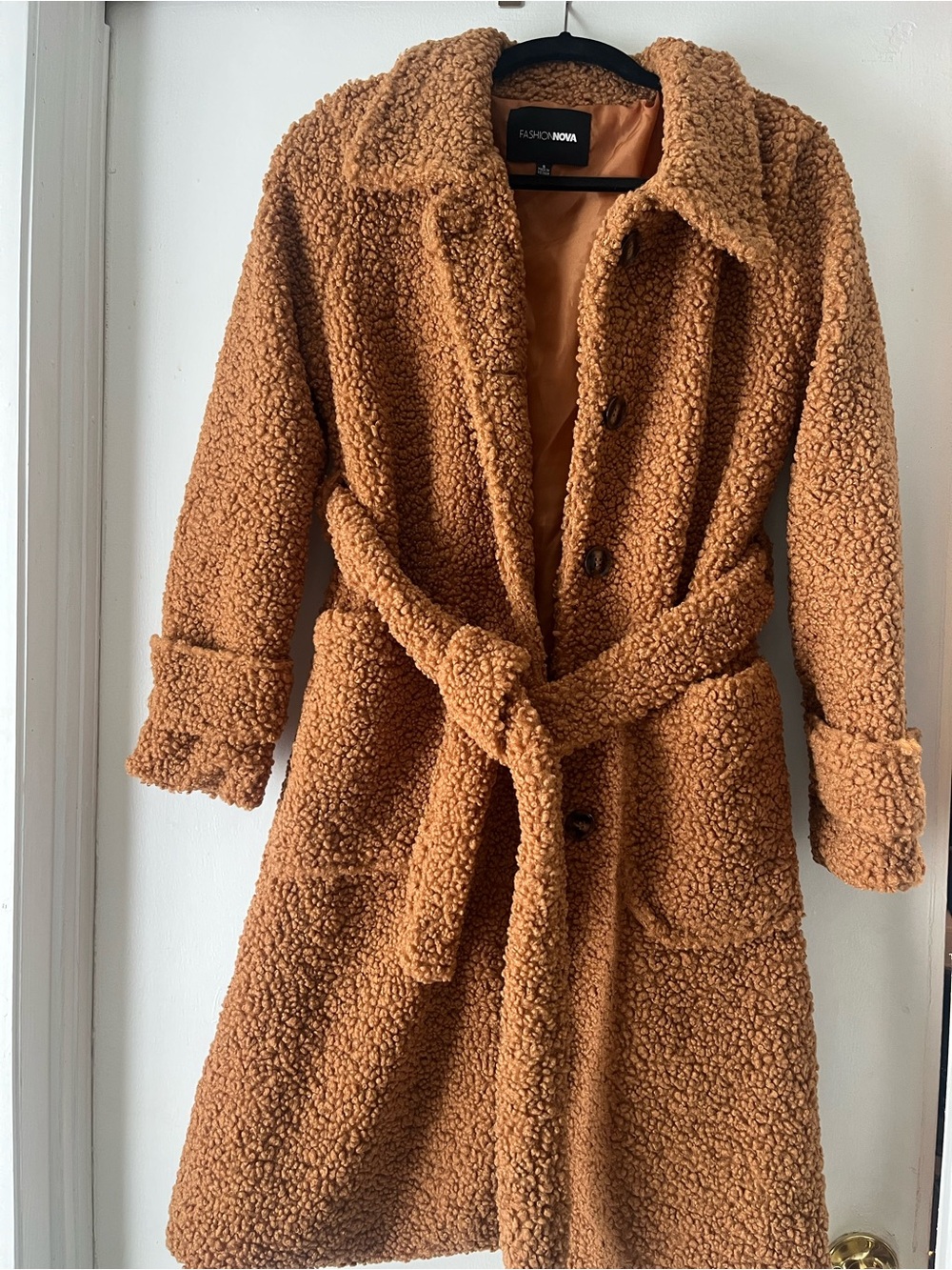 Fashion Nova Camel Teddy Belted Coat